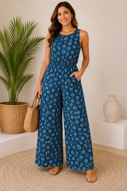 Mi Ami Pants - Mi Ami Teal White Mandala Wide Leg Jumpsuit L Boho Resort Vacation